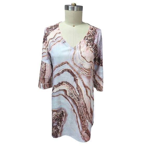 Brown Marble or Geode Print Dress — 3-Tier Trumpet Sleeve, Size L, NWT - Picture 1 of 5